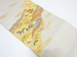 アンティーク　綴れ道長取りに鶴・蝶・菊模様織り出し袋帯（材料）